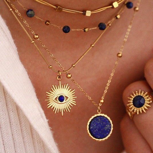 Fashion turquoise natural stone pendant jewelry, titanium steel 14K gold eye star necklace.