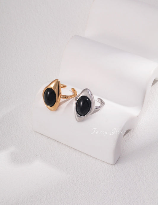925 Sterling Silver Polished Black Agate Ring Jewelry Gifts for Women - Ring